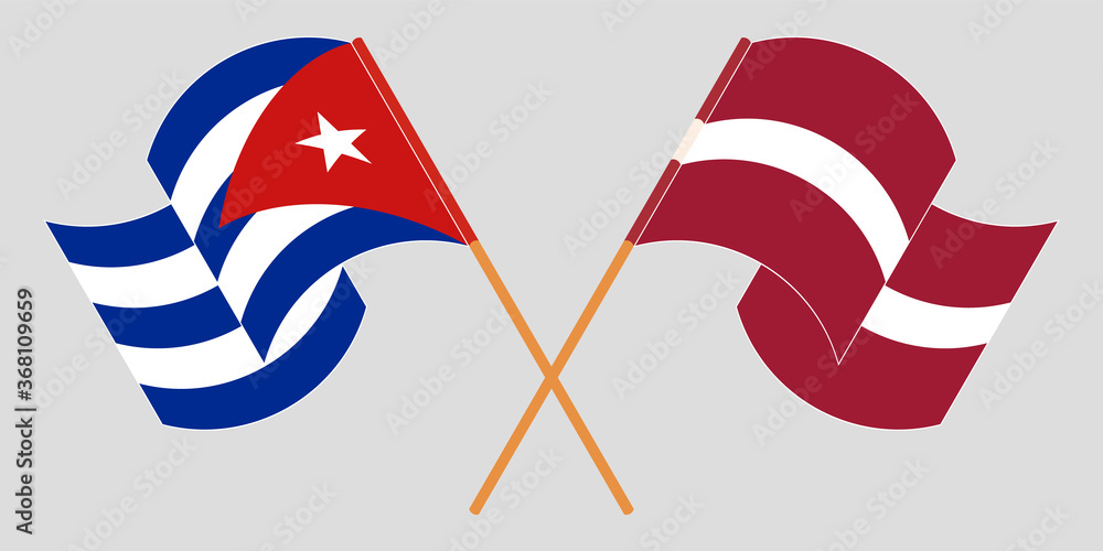 Crossed and waving flags of Cuba and Latvia