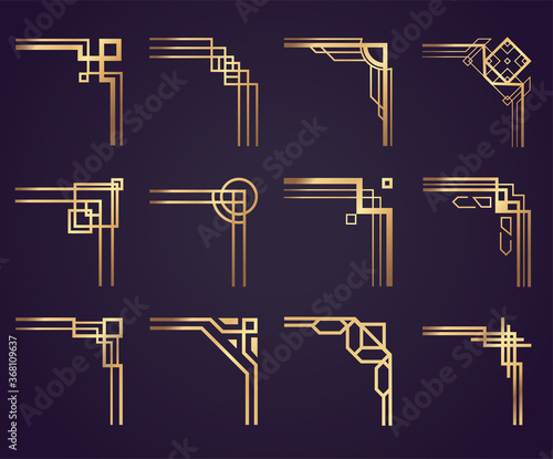 Art deco corner set.Creative template in style of 1920s for borders and frames. Vector illustration.