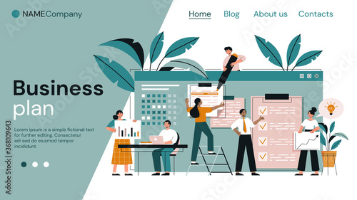 Business Plan concept with teamwork as diverse members of the team do research and logistics, colored vector illustration. Web page template.