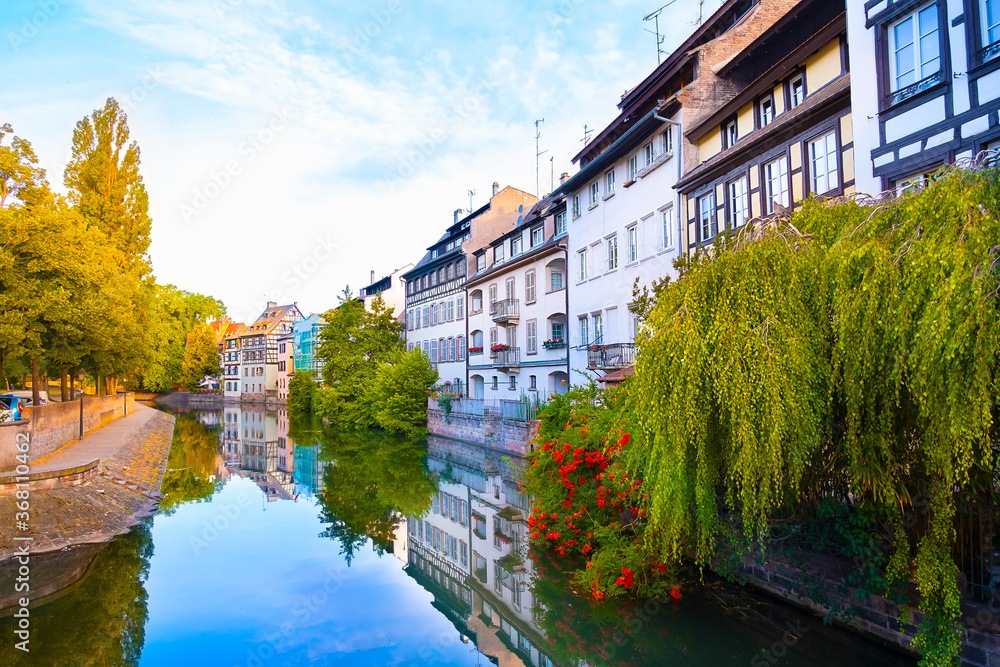 Panoramic view of traditional half-timbered houses on canals in district little France in the medieval town of Strasbourg, Alsace, France.