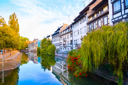 Panoramic view of traditional half-timbered houses on canals in district little France in the medieval town of Strasbourg, Alsace, France.