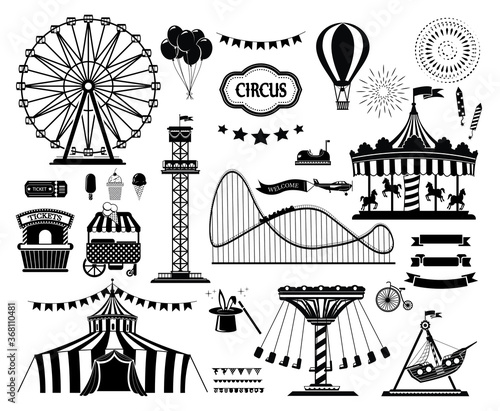 Foto Set of silhouette icons of circus, amusement park