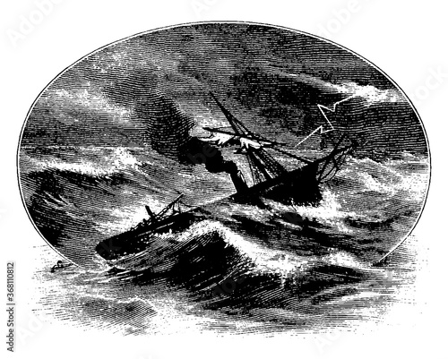 A storm in a sea, vintage illustration.