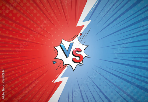 Vs cartoon background. Comic versus duel battle or team challenge concept with radial rays halftone effects lightning. Blue Vs Red vector Illustration design.