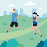 couple running wearing medical mask outdoor, prevention coronavirus covid 19 vector illustration design