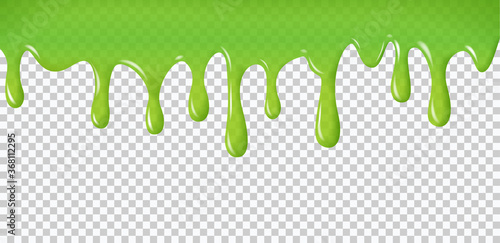 Realistic dripping slime. Green paint drips and flowing. Radioactive splashes liquid and blobs for halloween design isolated on transparent background, vector illustration.