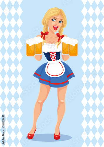 GIRL OKTOBERFEST BLONDE WITH BLUE EYES, PIGGIES AND BO8WS IN A SHORT SKIRT KEEPING IN HANDS FOUR MAGES OF BEER AND SMILING
