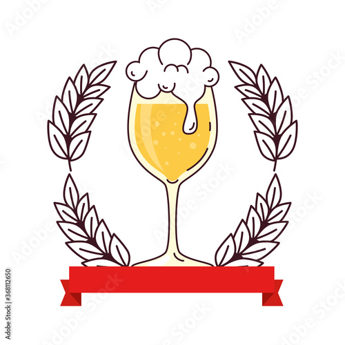 cup glass of beer, with decoration of spike and ribbon on white background vector illustration design