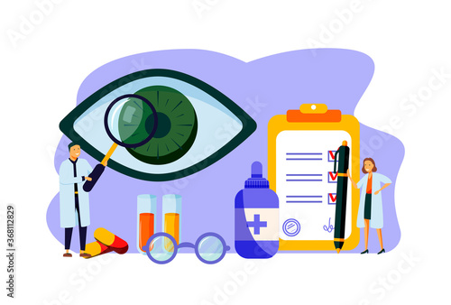 Ophthalmology vector illustration. Flat tiny eyes health persons concept. Abstract lens view examination checkup. Patient myopia and foresight focus correction treatment with pills drops and glasses.