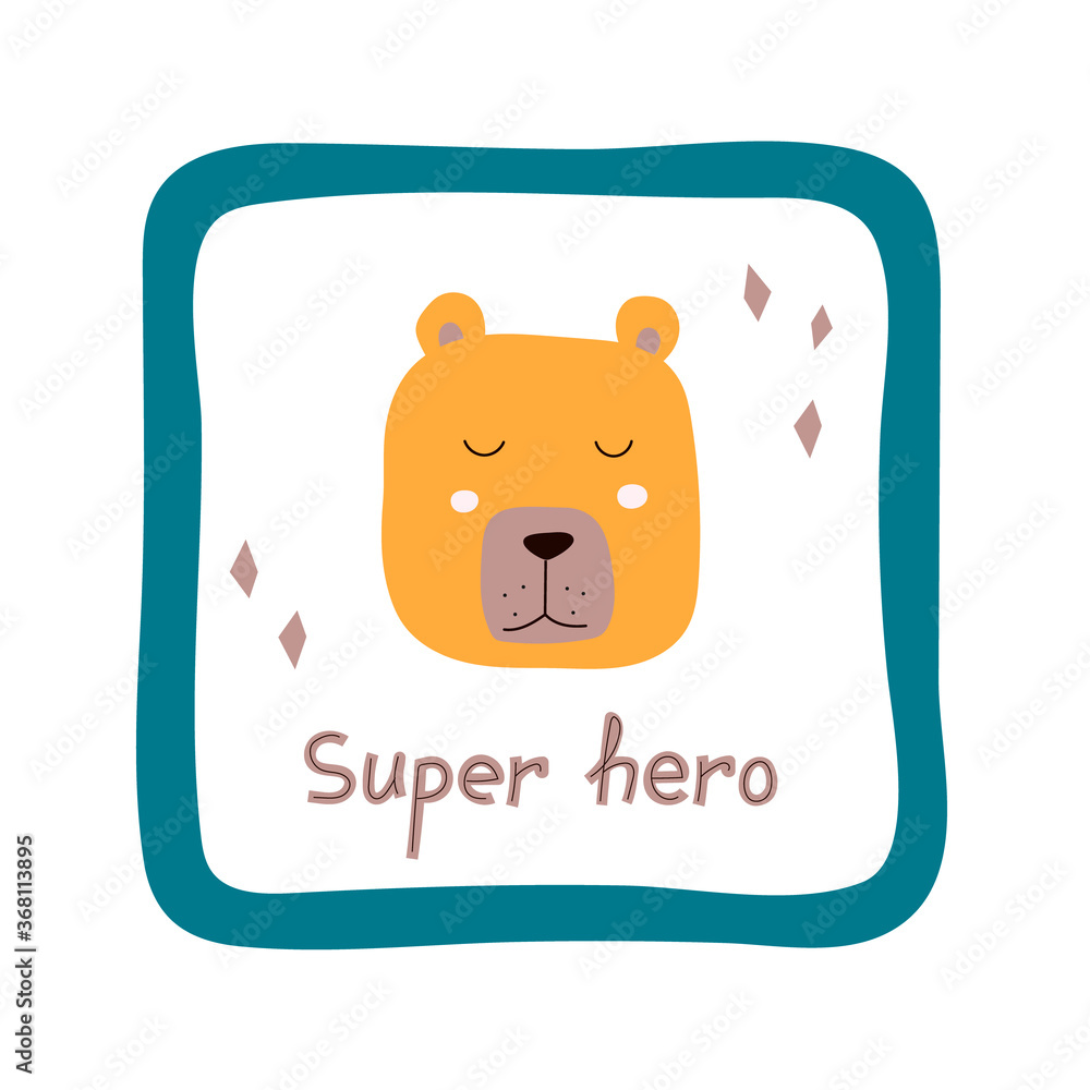 Vector flat Super hero face bear illustration style isolated on green backdrop. Beautiful design for printing greeting card, poster, t-shirt, baby clothes, fabric
