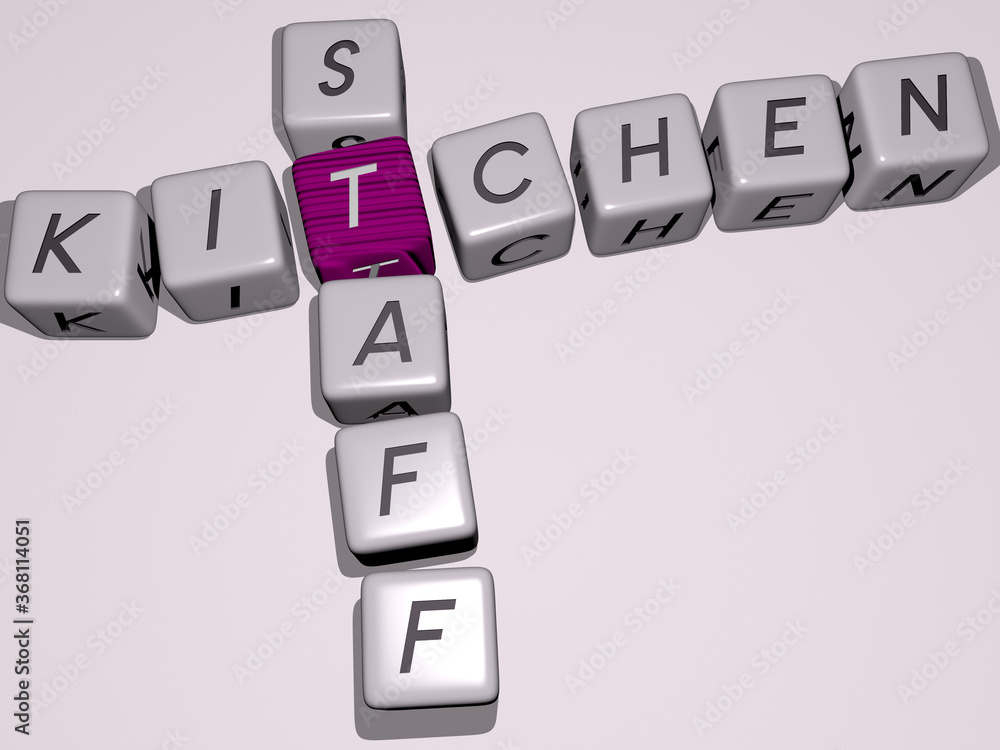 crosswords of KITCHEN STAFF arranged by cubic letters on a mirror floor, concept meaning and presentation. background and cooking crosswords of KITCHEN STAFF arranged by cubic letters on a mirror floor, concept meaning and presentation. background and cooking