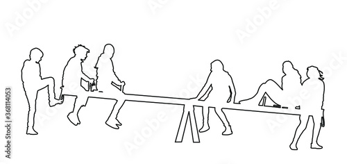 Children play on seesaw silhouette. Climbing teeter vector. Happy kids fun in entertainment park. Teenagers after school. Friends outdoor recreation. Girls and boys swinging vector line contour