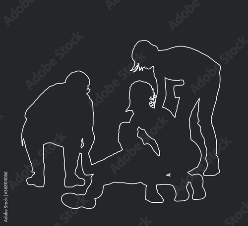 Doctor rescue patient first aid vector contour. Unconscious collapsed man laying down. Sneak attack victim. Paramedic rescue team resuscitating. Drowning revitalize. Battle for life. Revival help