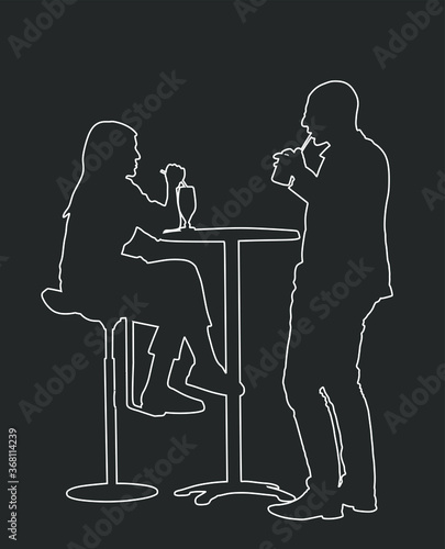 Couple in love on date sitting and talking vector. Friends drinking cocktail after work line contour. Night club guests urban life. Break relaxation dating after work in restaurant