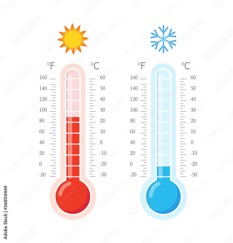 Hot and cold thermometers. Blue and red thermometers. Celsius and fahrenheit meteorology thermometers measuring heat and cold. Vector illustration Hot and cold thermometers. Blue and red thermometers. Celsius and fahrenheit meteorology thermometers measuring heat and cold. Vector illustration
