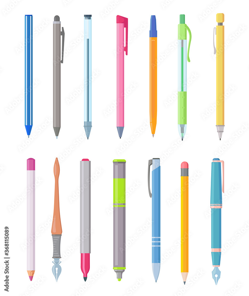 Cartoon pen and pencils. Set of simple drawing items isolated on white. Cartoon pen and pencils. Set of simple drawing items isolated on white.