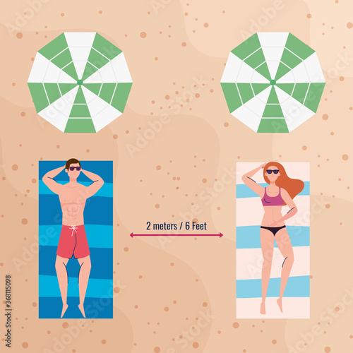 social distancing on the beach, couple keep distance lying down tanning, new normal summer beach concept after coronavirus or covid 19 vector illustration design