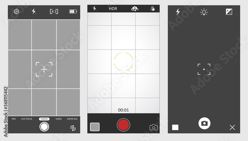 Set of black and white camera viewfinder. Camera back and focus frames view. Vector illustration.