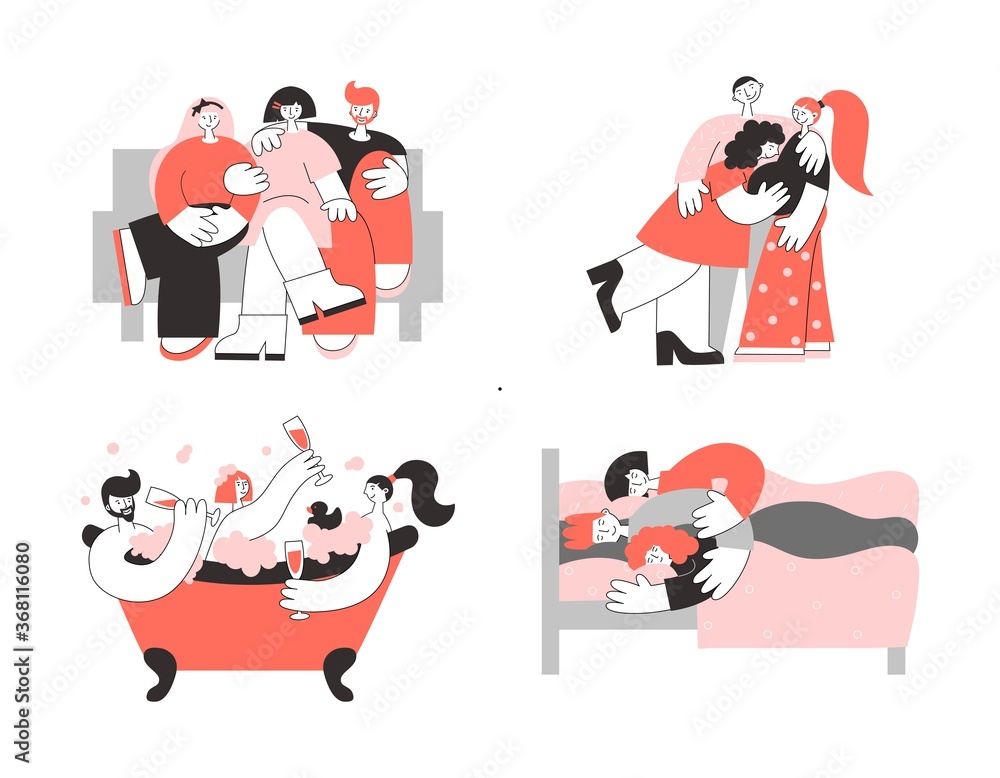 Polyamory concept flat vector illustration set. Polygamy family life