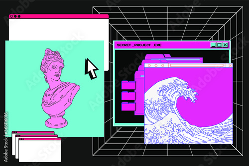 Cyberpunk style collage with user interface elements, gypsum bust and picture of ocean waves. Conceptual vector illustration of virtual reality and the internet surfing.