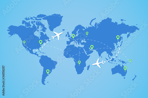 World map with plane. Aircraft planes fly air transportation track Vector illustration.