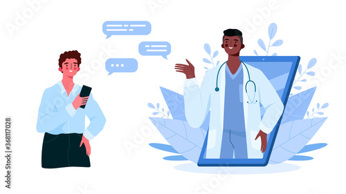 Online medical consultation, support. Online doctor. Healthcare services. Family male doctor with stethoscope on smartphone. Online medical advise or consultation service, tele medicine, cardiology.