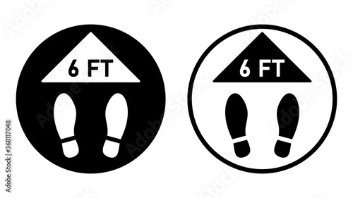 Wait Here or Stand Here and Keep a Safe Distance of 6 ft or 6 Feet Round Floor Marking Sticker with Shoeprints for Queue Line or Other Purposes Requiring Social Distancing. Vector Image.
