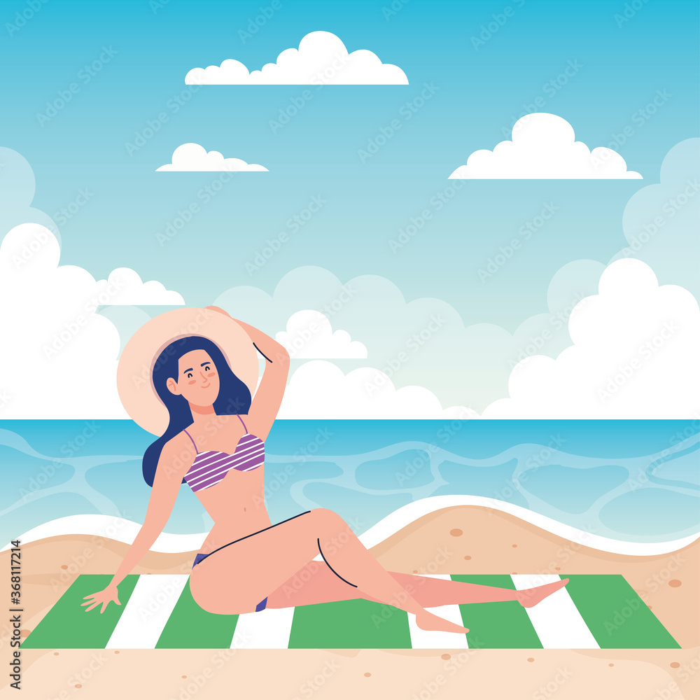 woman with swimsuit sitting on the towel, in the beach, holiday vacation season vector illustration design