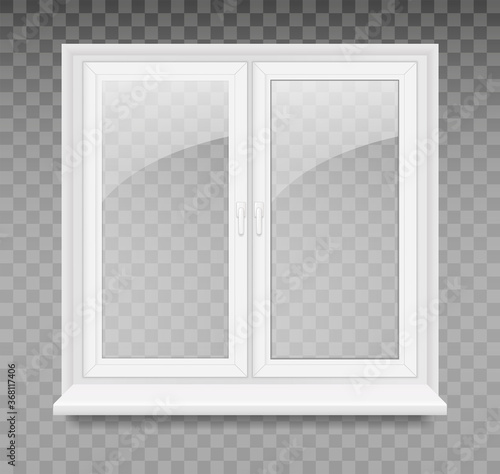 Vector illustration with white plastic window isolated on transparent background. Closed realistic vector window element of architecture and interior design.