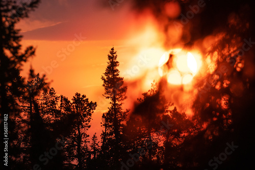 Beautiful midsummer sunrise during nighttime in Northern Finland near Kuusamo. 