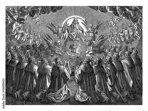 Stampa su tela Adoration of God and the Lamb, vintage illustration.