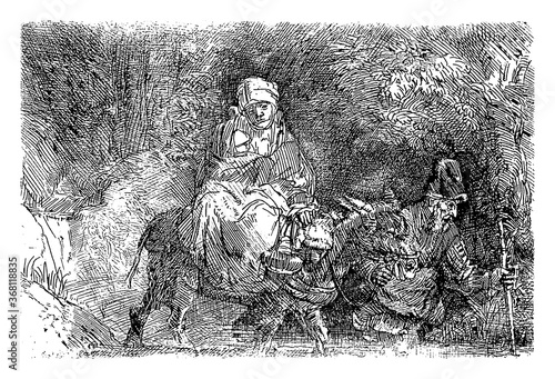 Flight into Egypt: Crossing a Stream, Rembrandt van Rijn, 1807 - 1808, vintage illustration. photo