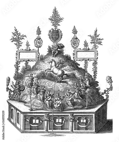 Theater with Apollo on the Parnassus, 1594, vintage illustration.