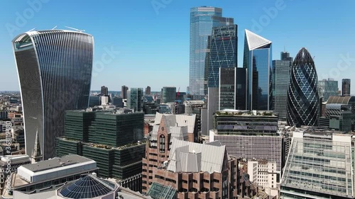London Aerial cityscape shot taken in summer 2020 showcasing the skyline of london business center: above the Fortress of the Tower of London. photo