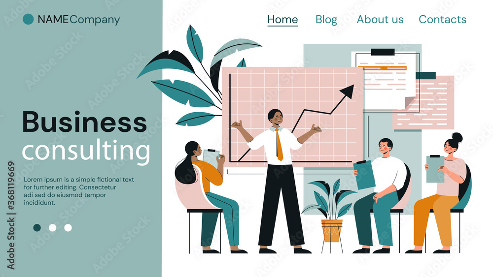 Business Consulting page template with businessman giving a presentation to a diverse group of people, colored vector illustration. Web site template