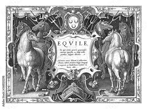 Ornamental cartouche with title flanked by horses, vintage illustration.