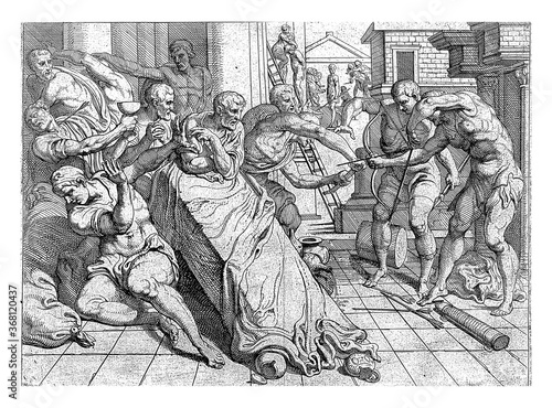 Fotografie Odysseus with his bow kills one of the suitors, vintage illustration