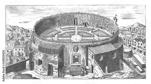 Mausoleum of Augustus with a landscaped garden in Rome, vintage illustration.