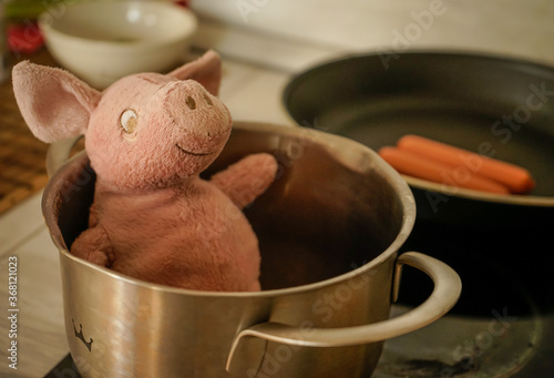 toy pig in the kitchen