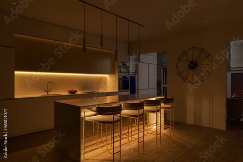 3D illustration of a kitchen with night lighting. Kitchen interior design with led island lighting. Kitchen design ideas 2020