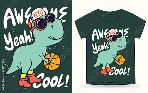 Hand drawn cool dino basketball player for t shirt