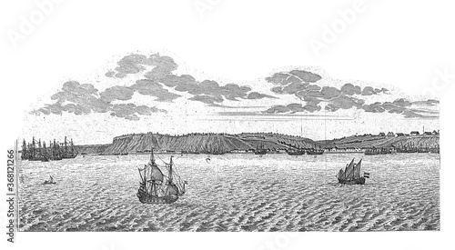 View of Luanda (left half), c. 1641, vintage illustration. photo