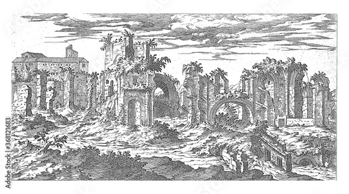 Photography Ruins of the Baths of Titus in Rome, vintage illustration.
