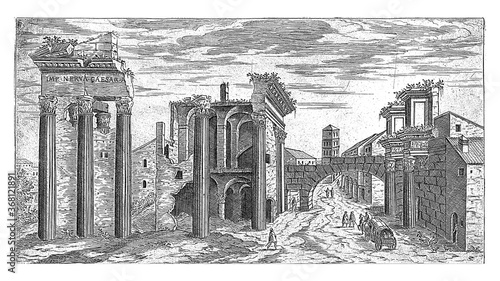 Photography Ruins at the Forum of Nerva, vintage illustration.