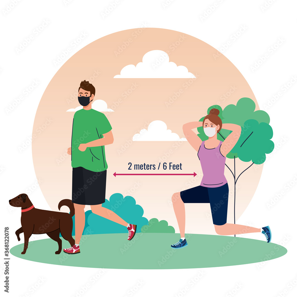 social distancing, couple wearing medical mask, woman and man practicing sport in the park with dog pet, coronavirus covid 19 prevention vector illustration design