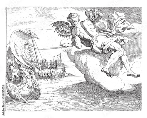 Zephyrus blows Odysseus ship forward, vintage illustration. photo