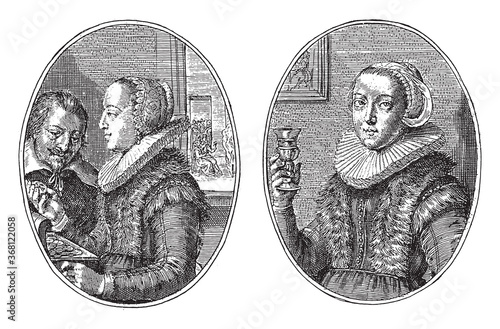 Two Menisters Sisters, Crispijn van de Passe (II), 1641, vintage illustration.