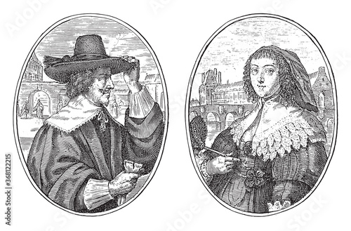 Advocaat and his wife, Crispijn van de Passe (II), 1641, vintage illustration.