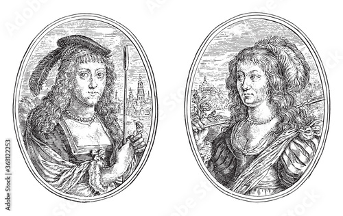 Portraits of two unknown women, vintage illustration.