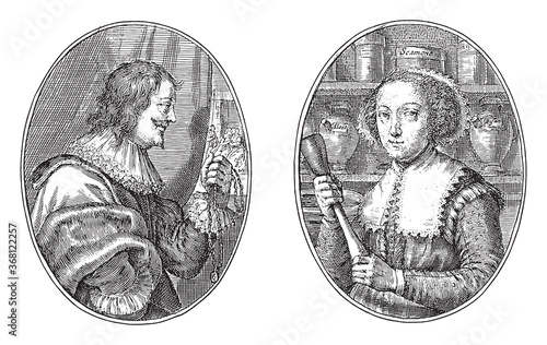 German nobleman and a woman from Amsterdam, Crispijn van de Passe (II), 1641, vintage illustration.
